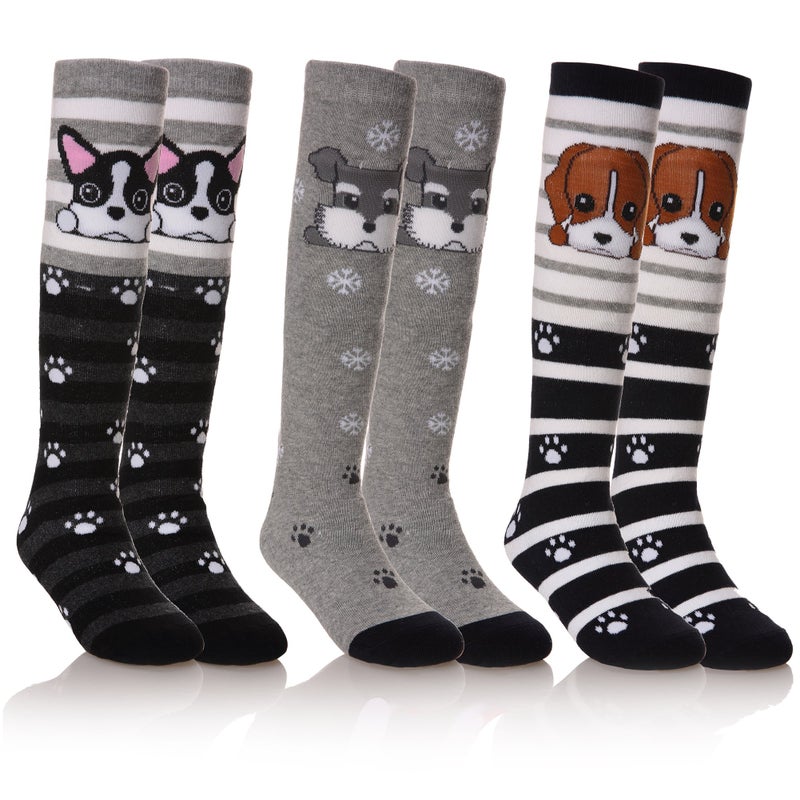 FNOVCO Girls Knee High Socks Kids Crazy Fun Gift Cute Animal Patterns Cotton Long Socks 3 Pairs (Dog) - Image 1